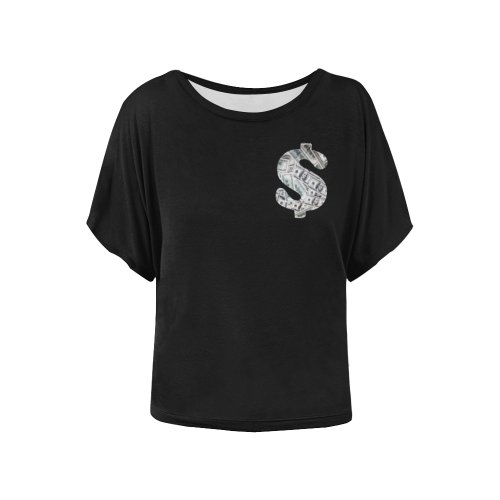Hundred Dollar Bills - Money Sign Black Women's Batwing-Sleeved Blouse T shirt (Model T44)
