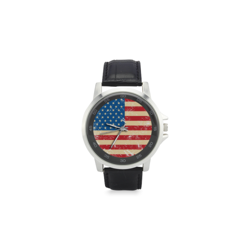 USA Flag Unisex Stainless Steel Leather Strap Watch(Model 202)