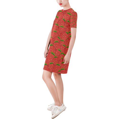 Strawberry Patch Short-Sleeve Round Neck A-Line Dress (Model D47)
