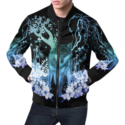 Awesome wolf with flowers All Over Print Bomber Jacket for Men/Large Size (Model H19)
