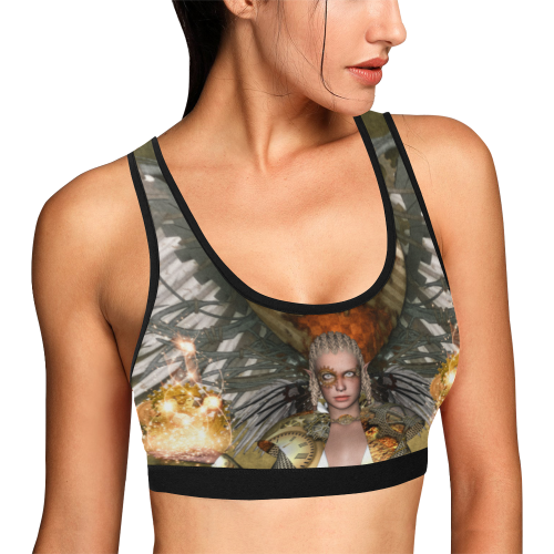 Steampunk lady with clocks and gears Women's All Over Print Sports Bra (Model T52)