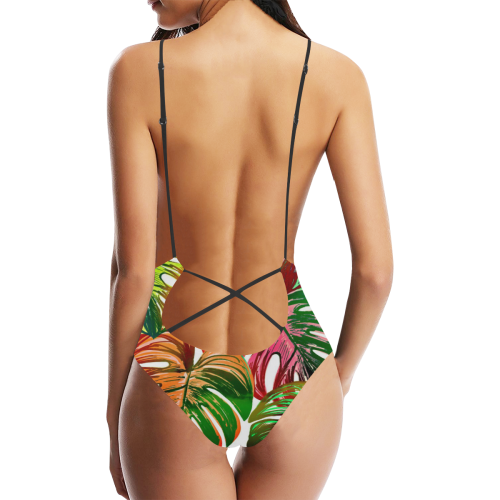 Pretty Leaves D by JamColors Sexy Lacing Backless One-Piece Swimsuit (Model S10)