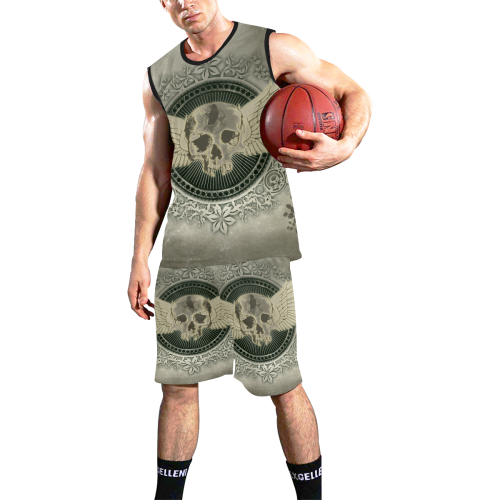 Skull with wings and roses on vintage background All Over Print Basketball Uniform