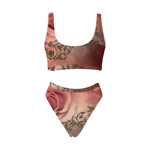 Wonderful roses with floral elements Sport Top & High-Waisted Bikini Swimsuit (Model S07)
