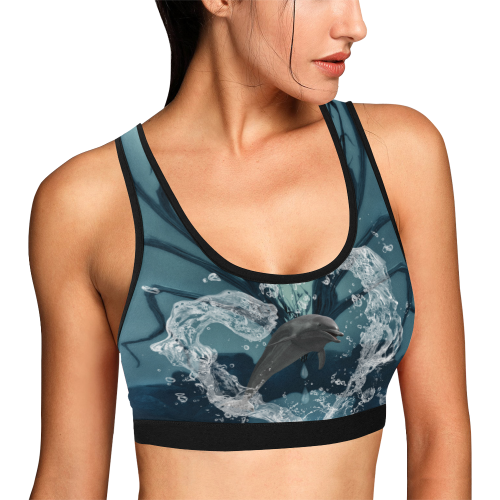 Dolphin jumping by a heart Women's All Over Print Sports Bra (Model T52)