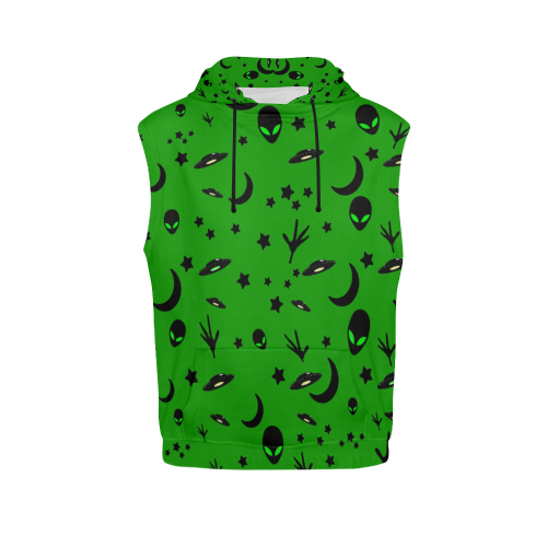 Alien Flying Saucers Stars Pattern on Green All Over Print Sleeveless Hoodie for Men (Model H15)
