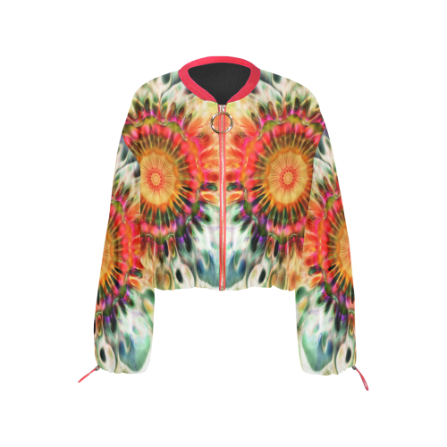Magic Fractal Flower - Psychedelic Magenta Red Cropped Chiffon Jacket for Women (Model H30)