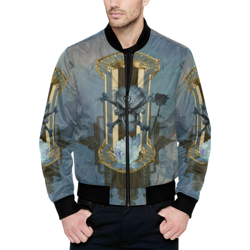 The blue skull with crow All Over Print Quilted Bomber Jacket for Men (Model H33)