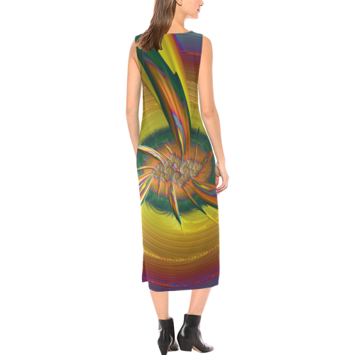 Rainbow Tropical Cyclone Winds Fractal Abstract Phaedra Sleeveless Open Fork Long Dress (Model D08)