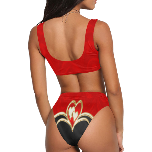 Elegant Red Black Love Sport Top & High-Waisted Bikini Swimsuit (Model S07)