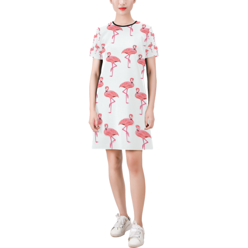 Classic Pink Flamingo Pattern Short-Sleeve Round Neck A-Line Dress (Model D47)