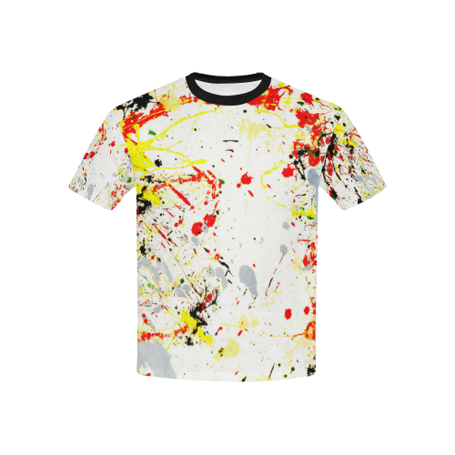 Black, Red, Yellow Paint Splatter (Black Trim) Kids' All Over Print T-Shirt with Solid Color Neck (Model T40)