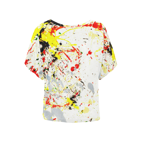 Black, Red, Yellow Paint Splatter Women's Batwing-Sleeved Blouse T shirt (Model T44)