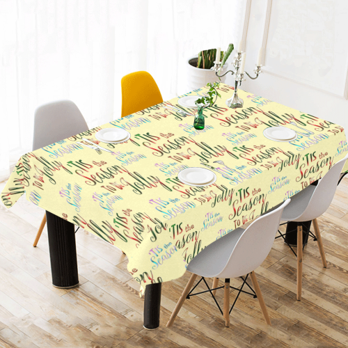 Christmas 'Tis The Season Pattern on Yellow Cotton Linen Tablecloth 60"x 104"
