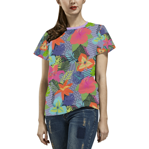 Geometric Shapes Tropical Flowers Pattern 1 All Over Print T-shirt for Women/Large Size (USA Size) (Model T40)