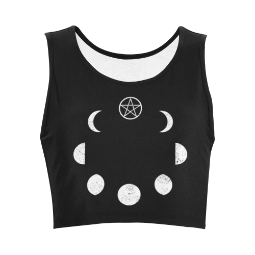 Lunar Moon Phase Witch Goth Pagan Style Night Sky Full Moon Constellation Distressed Women's Crop Top (Model T42)