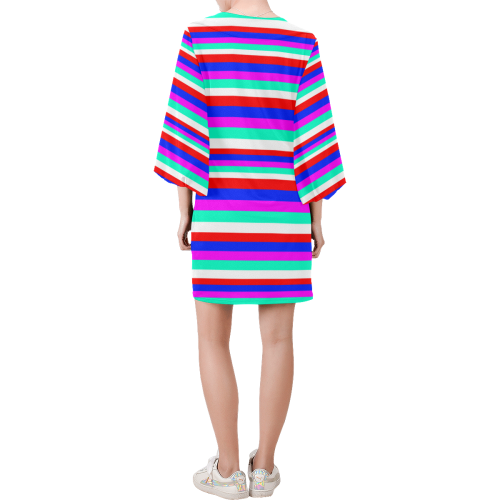 Colored Stripes - Fire Red Royal Blue Pink Mint Wh Bell Sleeve Dress (Model D52)