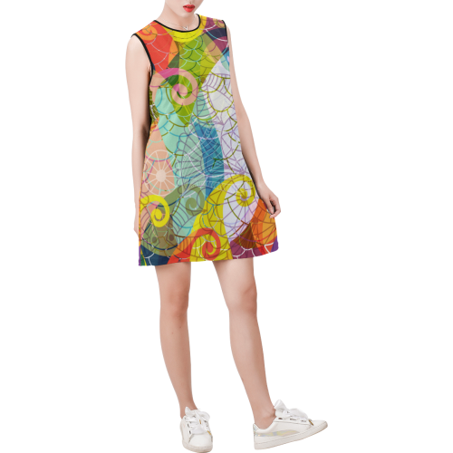 Colorful Translucent Pattern Sleeveless Round Neck Shift Dress (Model D51)