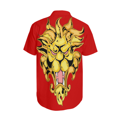 Gold Metallic Lion Red Men's Short Sleeve Shirt with Lapel Collar (Model T54)