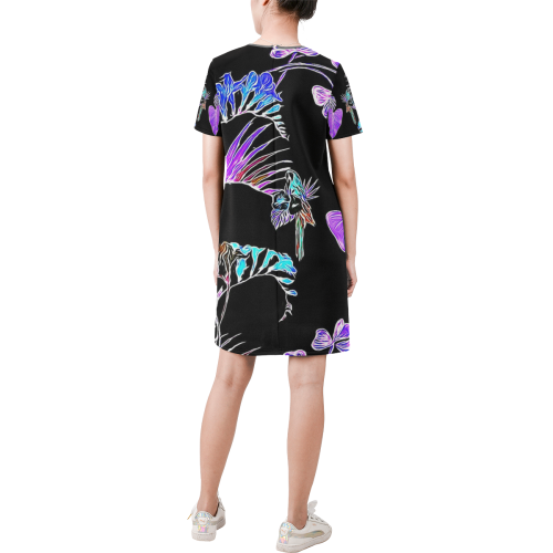 Flowers and Birds B by JamColors Short-Sleeve Round Neck A-Line Dress (Model D47)