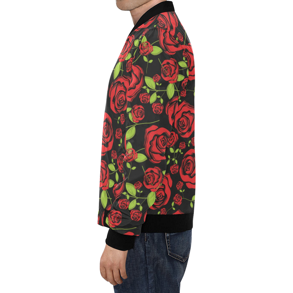 black bomber jacket with red roses