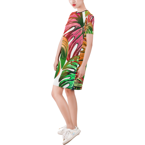 Pretty Leaves D by JamColors Short-Sleeve Round Neck A-Line Dress (Model D47)