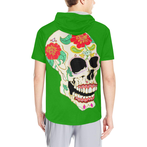 Flower Sugar Skull Green All Over Print Short Sleeve Hoodie for Men (Model H32)