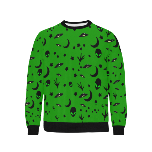 Alien Flying Saucers Stars Pattern on Green Men's Rib Cuff Crew Neck Sweatshirt (Model H34)