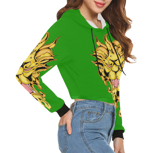 Gold Metallic Lion Green All Over Print Crop Hoodie for Women (Model H22)