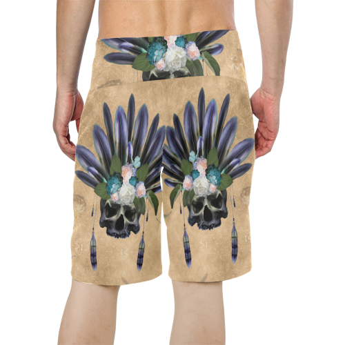 Cool skull with feathers and flowers Men's All Over Print Board Shorts (Model L16)