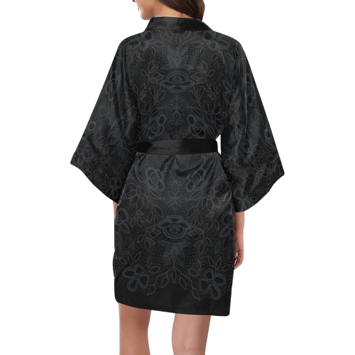 Black Crocheted Lace Mandala Pattern Kimono Robe