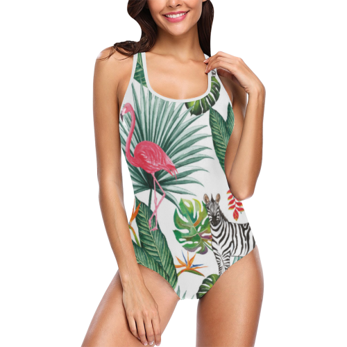 Awesome Flamingo And Zebra Vest One Piece Swimsuit (Model S04)