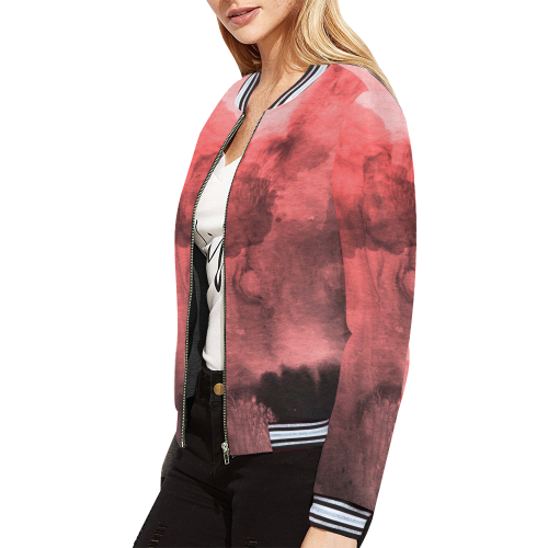 Red and Black Watercolour All Over Print Bomber Jacket for Women (Model H21)