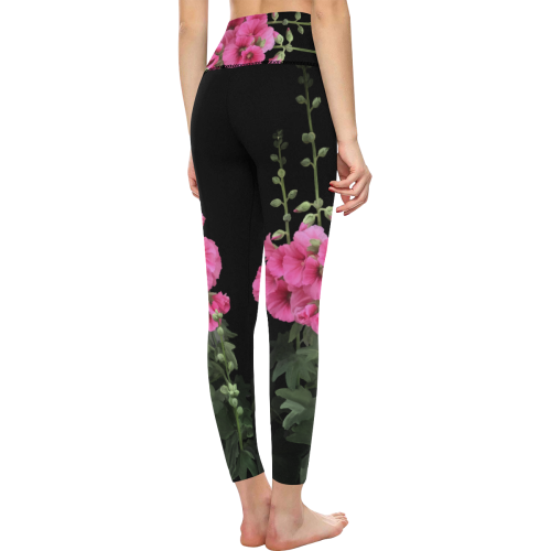 Pink Hollyhocks, floral watercolor Women's All Over Print High-Waisted Leggings (Model L36)