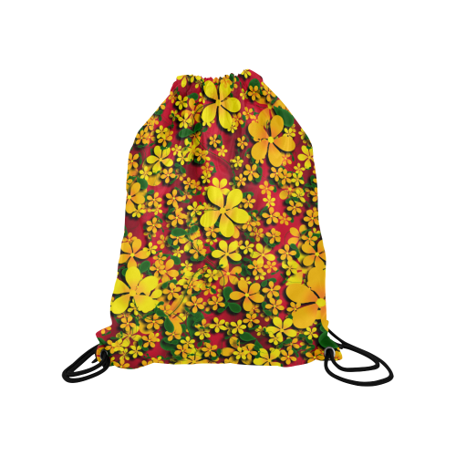 Pretty Orange & Yellow Flowers on Red Medium Drawstring Bag Model 1604 (Twin Sides) 13.8"(W) * 18.1"(H)