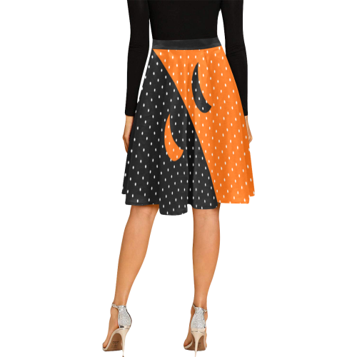 Halloween Black and Orange Polka Dots Melete Pleated Midi Skirt (Model D15)