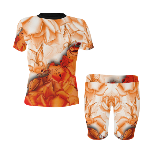Sorf red flowers with butterflies Women's Short Yoga Set
