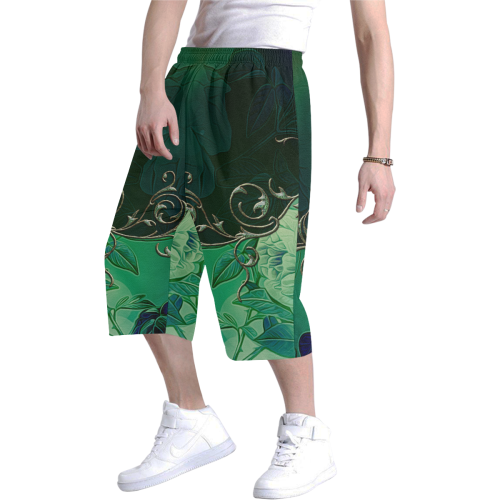 Green floral design Men's All Over Print Baggy Shorts (Model L37)