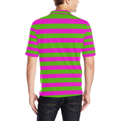 Pink Green Stripes Men's All Over Print Polo Shirt (Model T55)