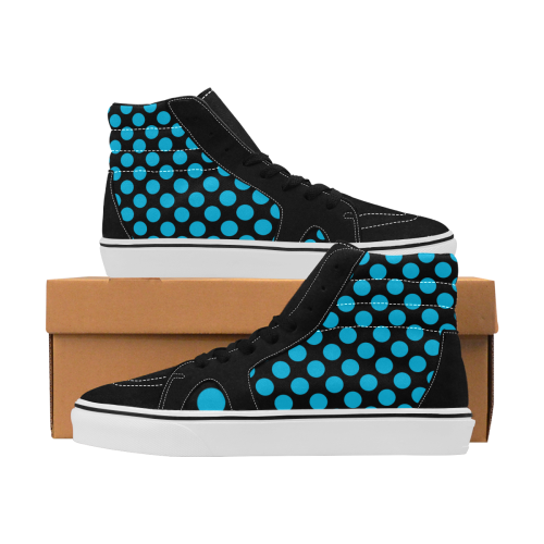 Blue Polka Dots on Black Women's High Top Skateboarding Shoes (Model E001-1)