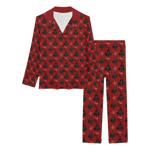 Las Vegas Black and Red Casino Poker Card Shapes on Red Women's Long Pajama Set