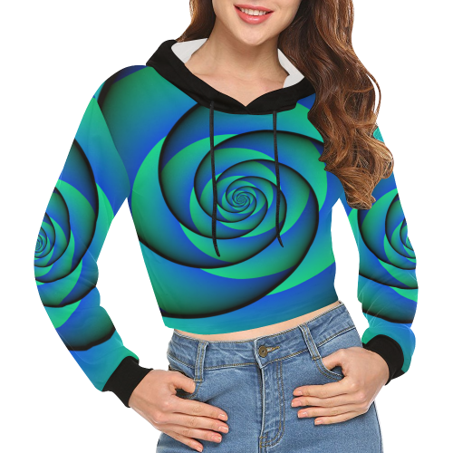 POWER SPIRAL - WAVES blue green All Over Print Crop Hoodie for Women (Model H22)