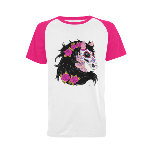 Sugar Skull Horse Pink Roses Pink Men's Raglan T-shirt Big Size (USA Size) (Model T11)