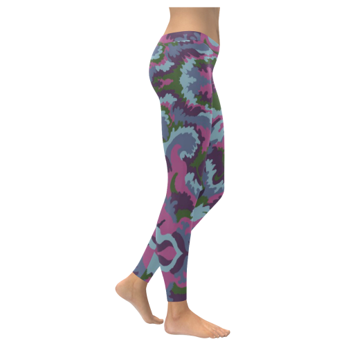 pink blue green wave design Women's Low Rise Leggings (Invisible Stitch) (Model L05)
