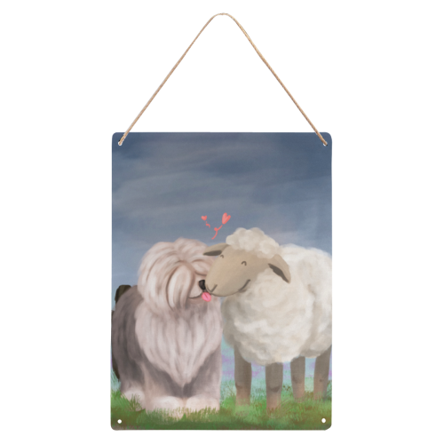 sheepdog and the sheep-big with backgrd Metal Tin Sign 12"x16"