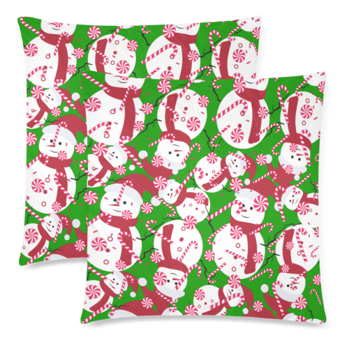 CandyCANE SNOWMAN CHRISTMAS GREEN Custom Zippered Pillow Cases 18"x 18" (Twin Sides) (Set of 2)