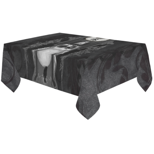 Skull with crow in black and white Cotton Linen Tablecloth 60"x120"