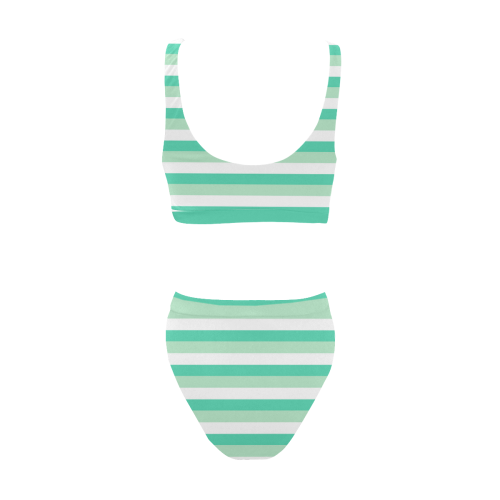 Mint Stripes Sport Top & High-Waisted Bikini Swimsuit (Model S07)