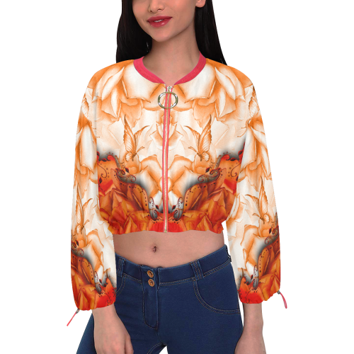 Sorf red flowers with butterflies Cropped Chiffon Jacket for Women (Model H30)
