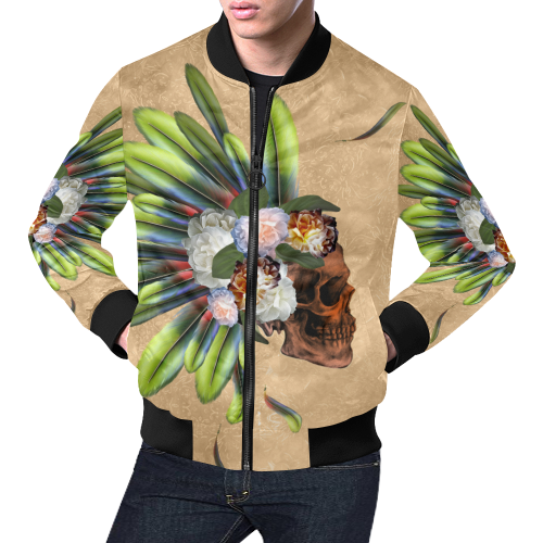 Amazing skull with feathers and flowers All Over Print Bomber Jacket for Men/Large Size (Model H19)